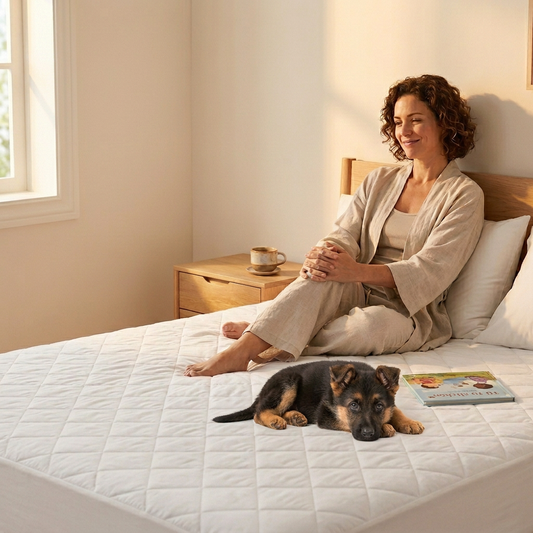 Mujer sentada junto a un cachorro sobre una cama con protector blanco acolchado